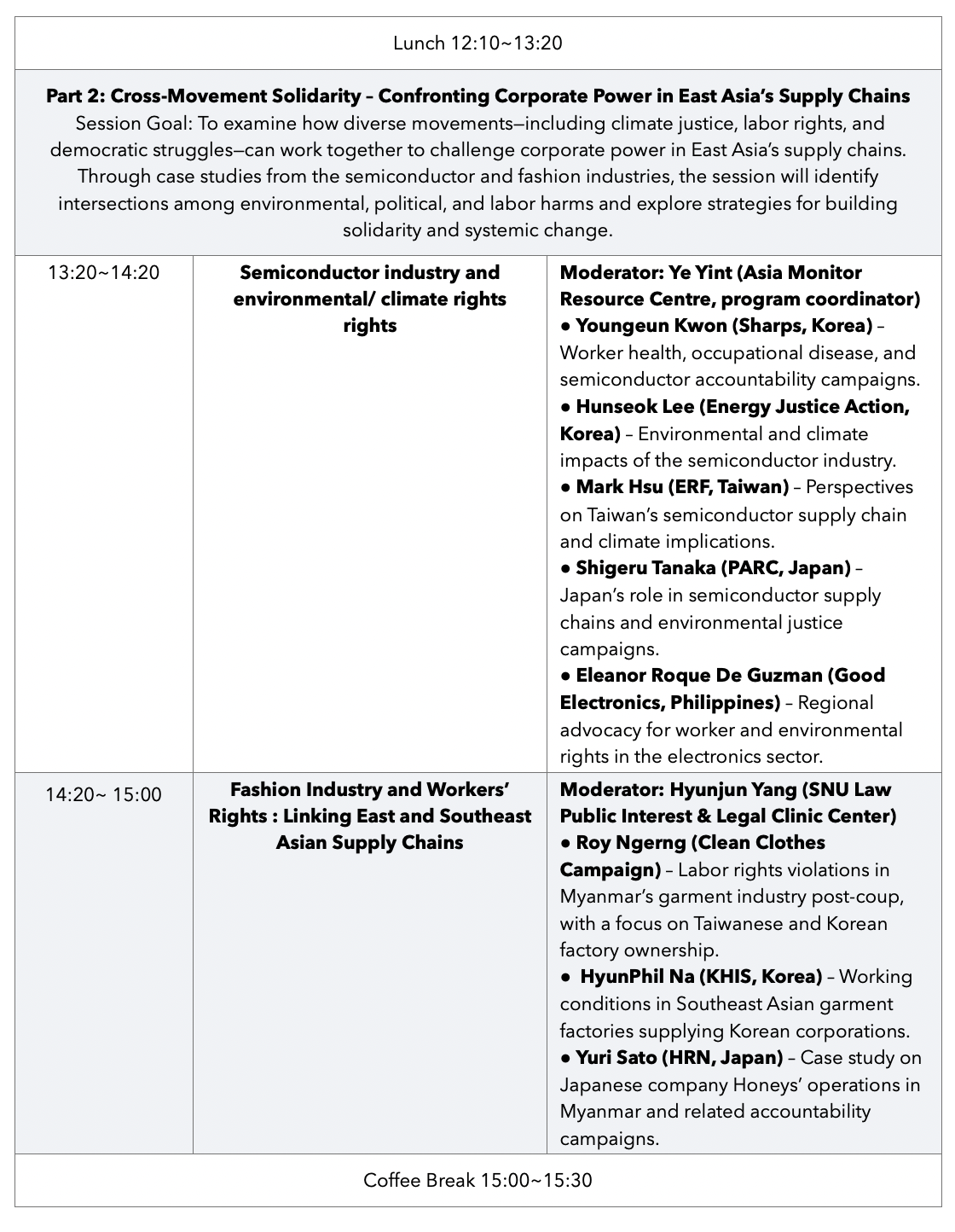 Lunch 12:10-13:20. Part 2: Cross-Movement Solidarity – Confronting Corporate Power in East Asia’s Supply Chains. Session Goal: To examine how diverse movements—including climate justice, labor rights, and democratic struggles—can work together to challenge corporate power in East Asia’s supply chains. Through case studies from the semiconductor and fashion industries, the session will identify intersections among environmental, political, and labor harms and explore strategies for building solidarity and systemic change. 13:20-14:20. Semiconductor industry and environmental/climate rights rights. Moderator: Ye Yint (Asia Monitor Resource Centre, program coordinator). Youngeun Kwon (Sharps, Korea) – Worker health, occupational disease, and semiconductor accountability campaigns. Hunseok Lee (Energy Justice Action, Korea) – Environmental and climate impacts of the semiconductor industry. Mark Hsu (ERF, Taiwan) – Perspectives on Taiwan’s semiconductor supply chain and climate implications. Shigeru Tanaka (PARC, Japan) – Japan’s role in semiconductor supply chains and environmental justice campaigns. Eleanor Roque De Guzman (Good Electronics, Philippines) – Regional advocacy for worker and environmental rights in the electronics sector. 14:20- 15:00. Fashion Industry and Workers’ Rights : Linking East and Southeast Asian Supply Chains. Moderator: Hyunjun Yang (SNU Law Public Interest & Legal Clinic Center). Roy Ngerng (Clean Clothes Campaign) – Labor rights violations in Myanmar’s garment industry post-coup, with a focus on Taiwanese and Korean factory ownership. HyunPhil Na (KHIS, Korea) – Working conditions in Southeast Asian garment factories supplying Korean corporations. Yuri Sato (HRN, Japan) – Case study on Japanese company Honeys’ operations in Myanmar and related accountability campaigns. Coffee Break 15:00-15:30.